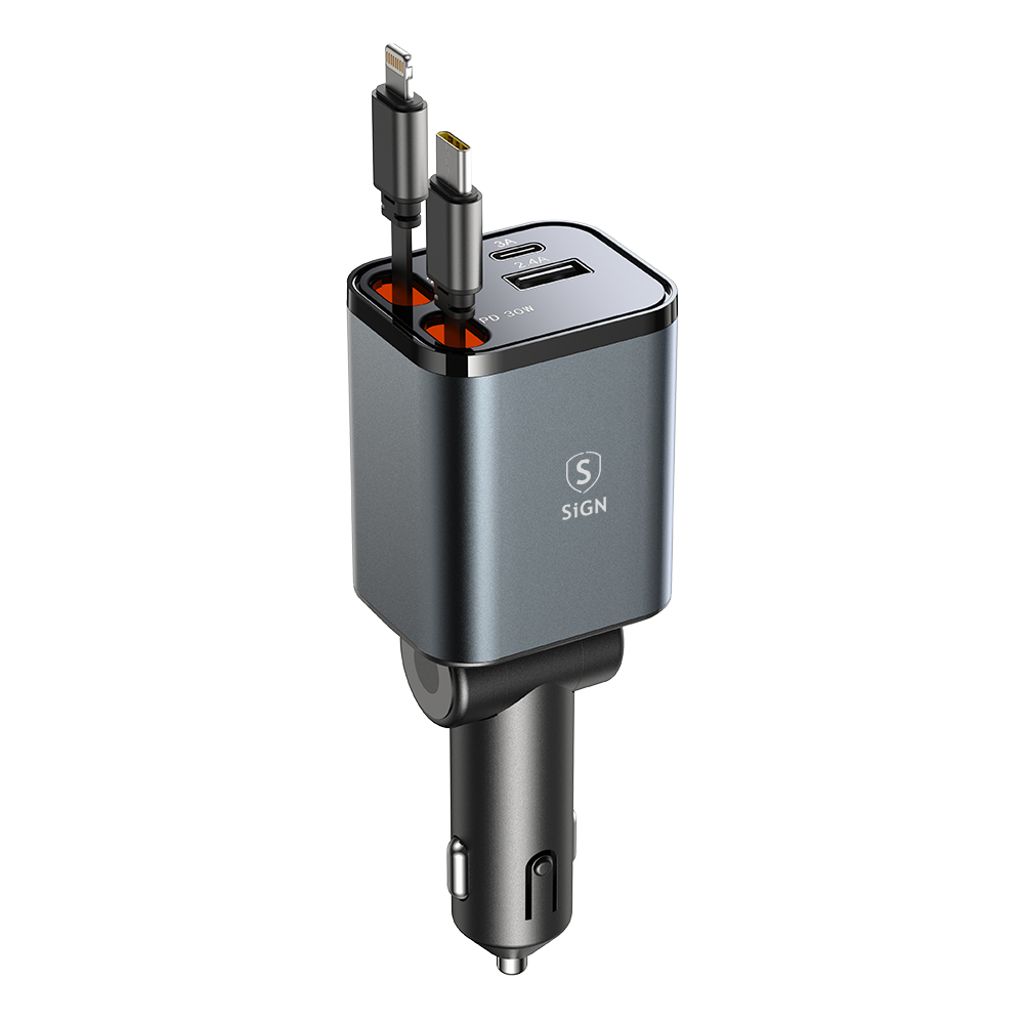 SiGN 4-i-1 Biloplader med udtrækbare USB-C-/Lightning-kabler 45W