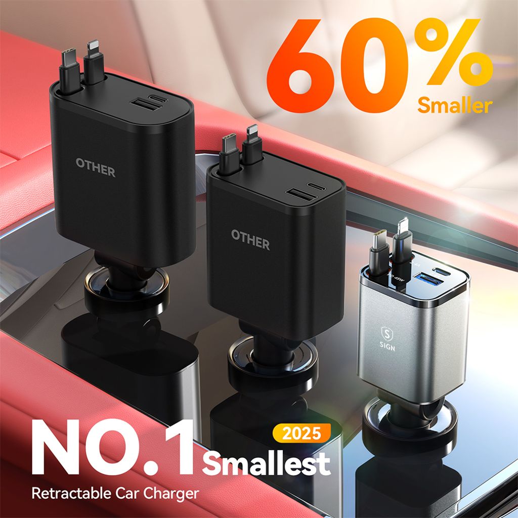 SiGN 4-i-1 Biloplader med udtrækbare USB-C-/Lightning-kabler 45W