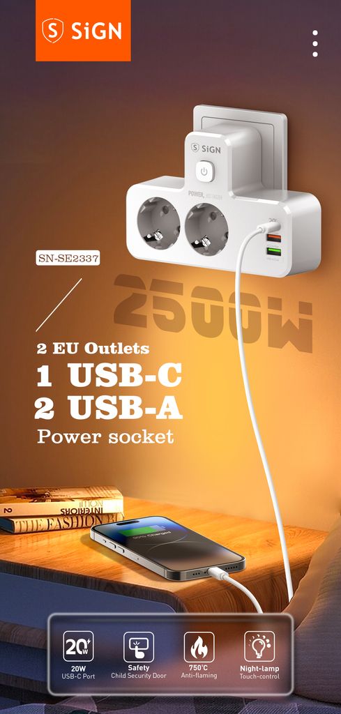 SiGN 2-vejs Stikdåse med LED-natlampe 20W USB-A/USB-C