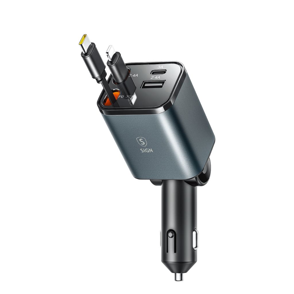 SiGN 4-i-1 Biloplader med udtrækbare USB-C-/Lightning-kabler 45W