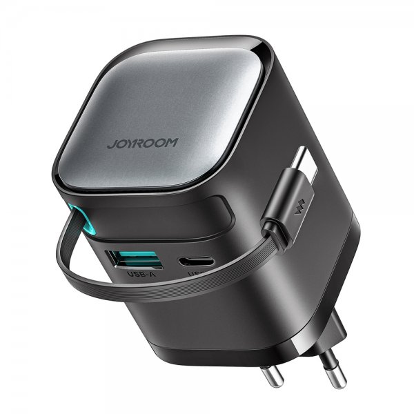 Joyroom 65W Vægoplader med indbygget USB-C kabel & USB-A/USB-C udtag Sort