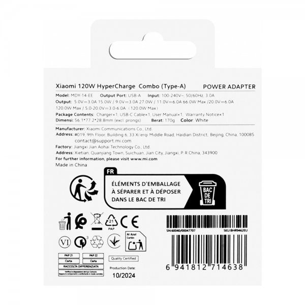 Xiaomi Original Oplader med USB-C kabel 120W HyperCharge Combo 6A