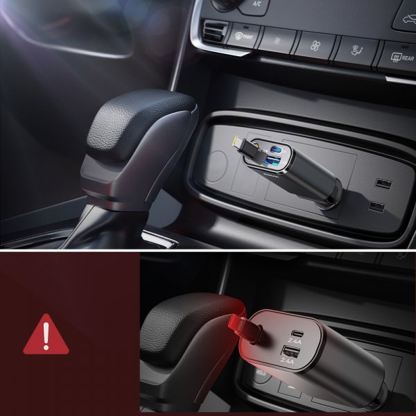 Joyroom 45W Biloplader med indbygget USB-C kabel & USB-A/USB-C udtag Grå