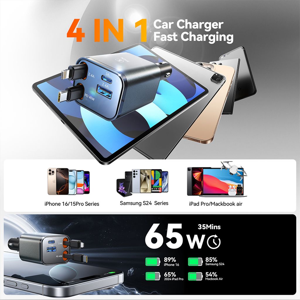 SiGN 4-i-1 Biloplader med udtrækbare USB-C-/Lightning-kabler 45W