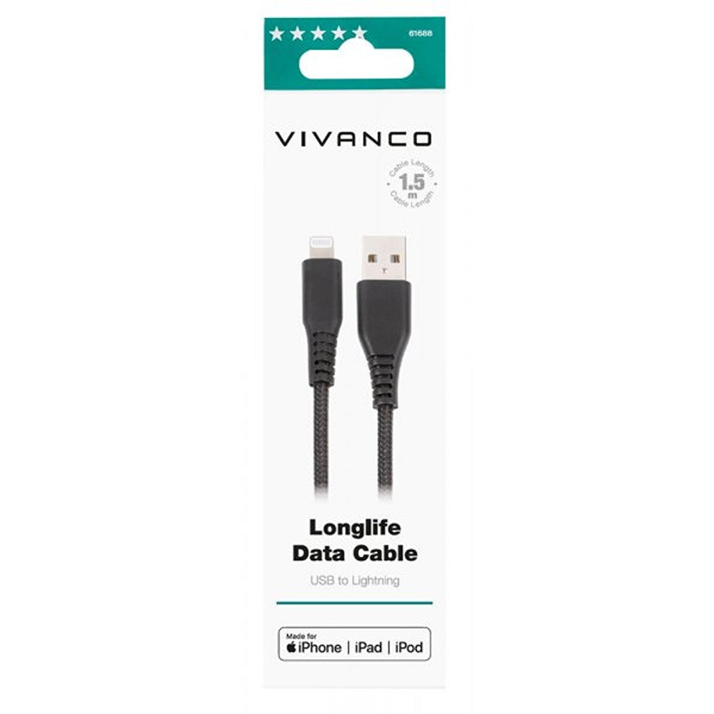 Vivanco Kabel Longlife Braided USB-A/Lightning 1.5m Sort