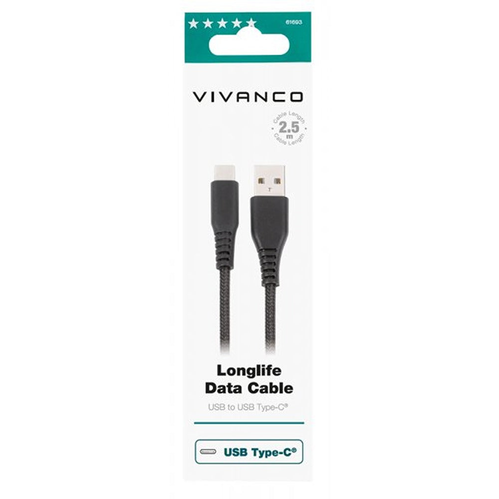 Vivanco Kabel Longlife Braided USB-A/USB-C 2.5m Sort