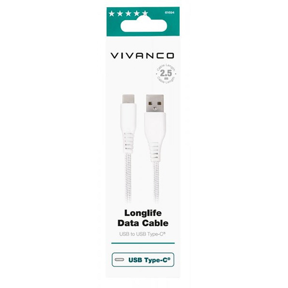 Vivanco Kabel Longlife Braided USB-A/USB-C 2.5m Hvid