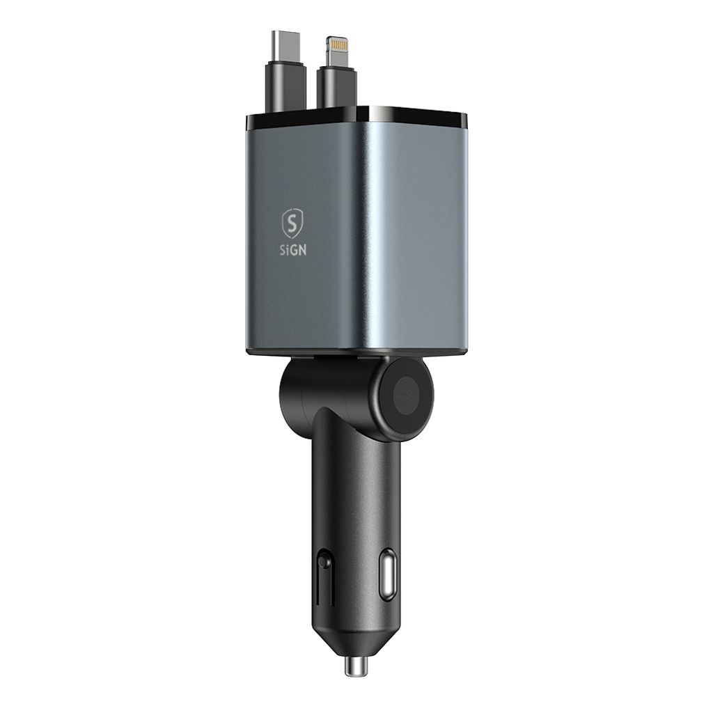 SiGN 4-i-1 Biloplader med udtrækbare USB-C-/Lightning-kabler 45W