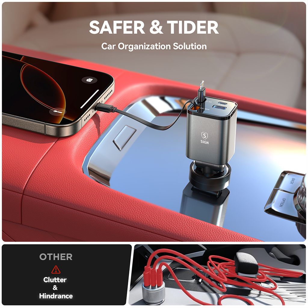 SiGN 4-i-1 Biloplader med udtrækbare USB-C-/Lightning-kabler 45W