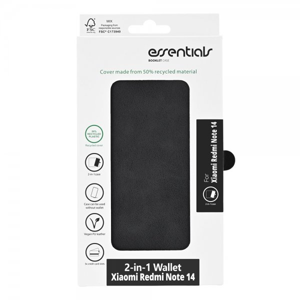 Essentials Xiaomi Redmi Note 14 5G Etui 2-i-1 Vegansk Læder Sort