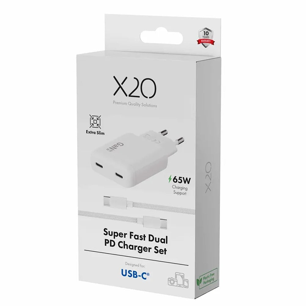X2O 65W Dual Slim Hjemmeoplader-sæt USB-C/C GaN 1.5m Hvid
