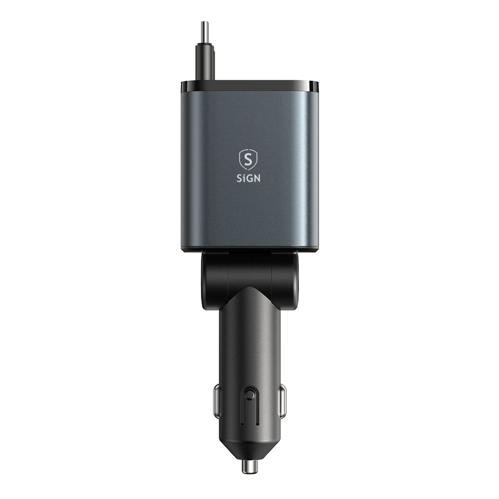 SiGN 4-i-1 Biloplader med udtrækbare USB-C-/Lightning-kabler 45W
