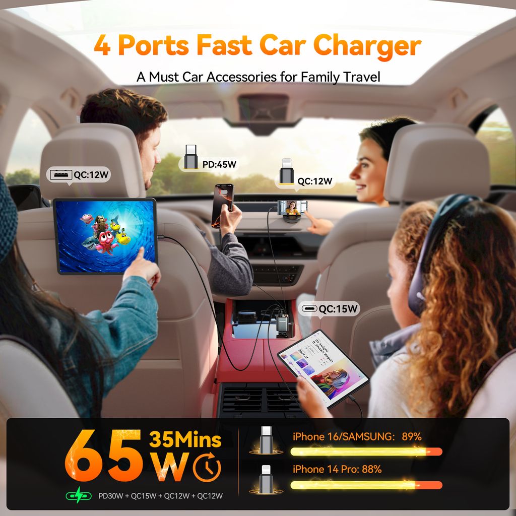 SiGN 4-i-1 Biloplader med udtrækbare USB-C-/Lightning-kabler 45W