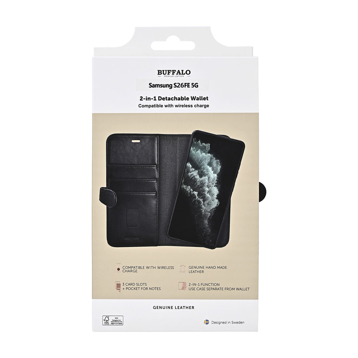 Buffalo Samsung Galaxy S26 FE Etui 2-i-1 Ægte Læder 3 Kortholder Sort