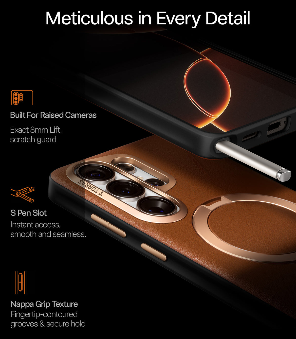 Torras Samsung Galaxy S26 Ultra Cover Ostand Q3 Vegskin Amber Brown
