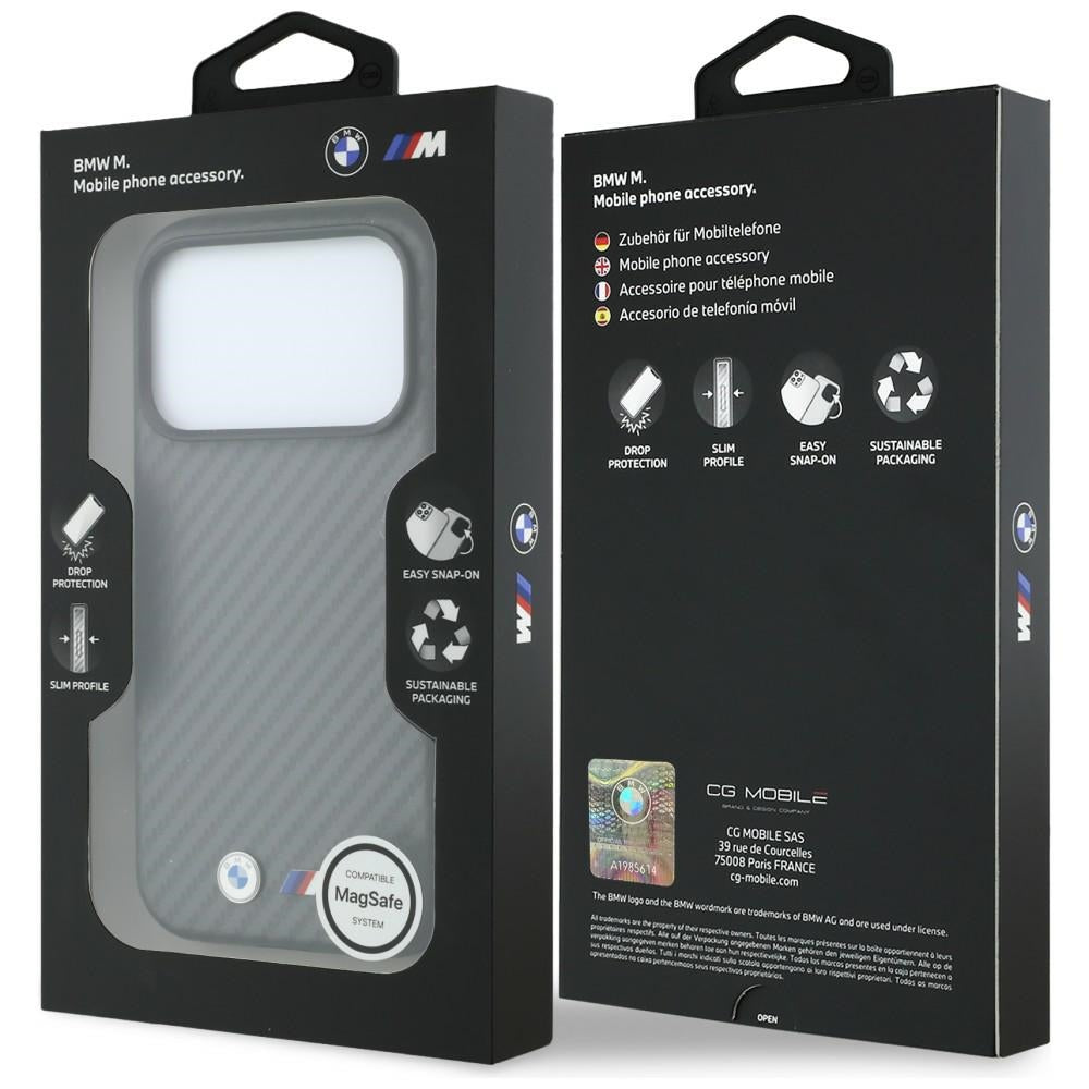 BMW iPhone 18 Pro Max Cover M Carbon Metal Logo Grå