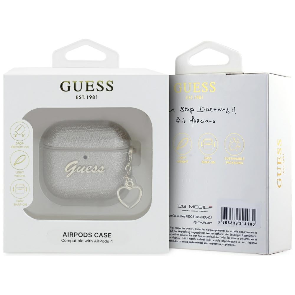 Guess AirPods 4 Cover Metallic Script Charm Guld