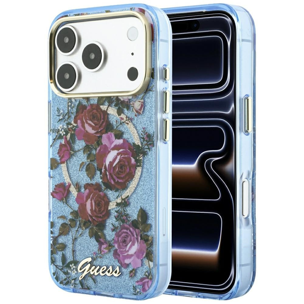 Guess iPhone 17 Pro Max/iPhone 18 Pro Max Cover Glitter Blossom Roses Blå