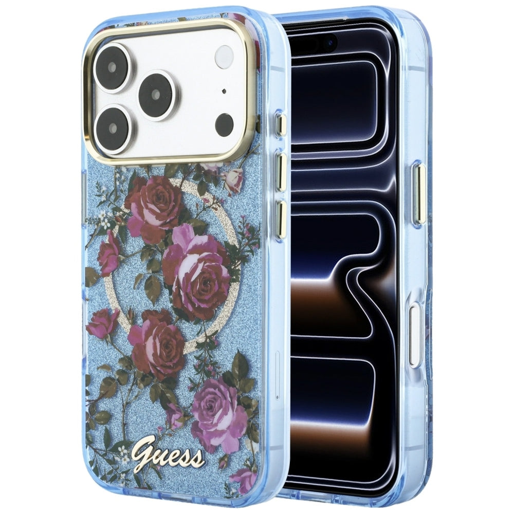 Guess iPhone 17 Pro/iPhone 18 Pro Cover Glitter Blossom Roses Blå