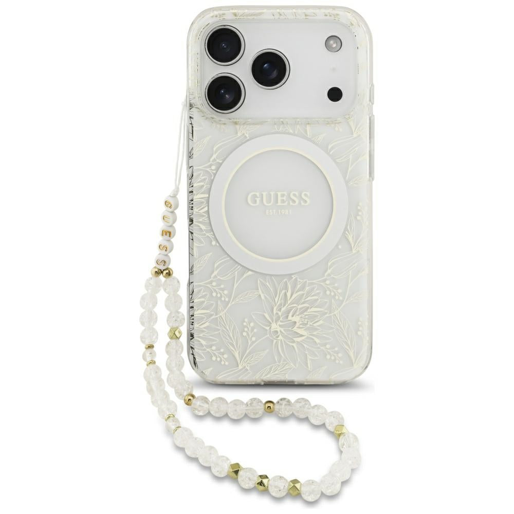 Guess iPhone 17 Pro/iPhone 18 Pro Cover Electroplated Flowers Pearl Strap Hvid