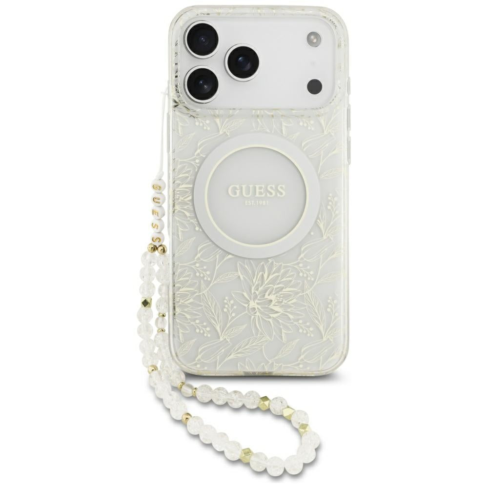Guess iPhone 17 Pro Max/iPhone 18 Pro Max Cover Electroplated Flowers Pearl Strap Hvid