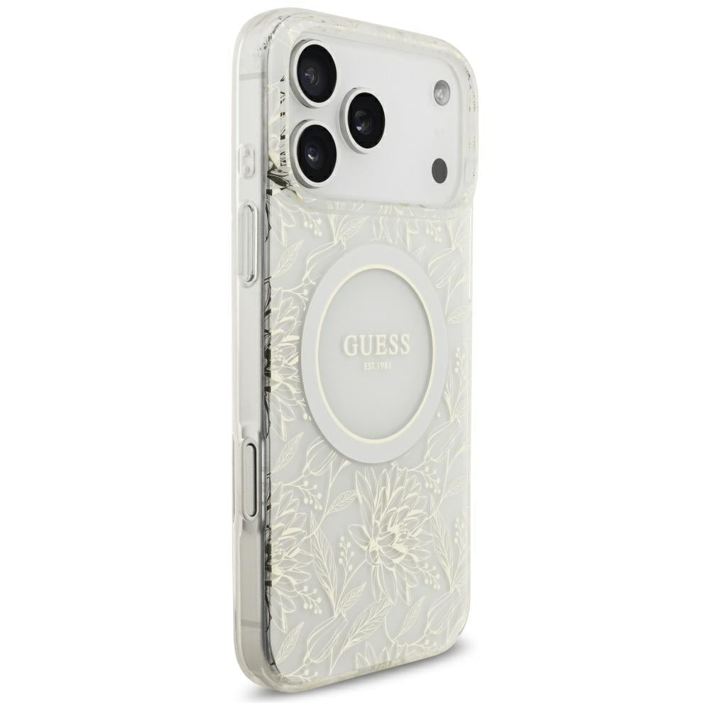 Guess iPhone 17 Pro Max/iPhone 18 Pro Max Cover Electroplated Flowers Pearl Strap Hvid