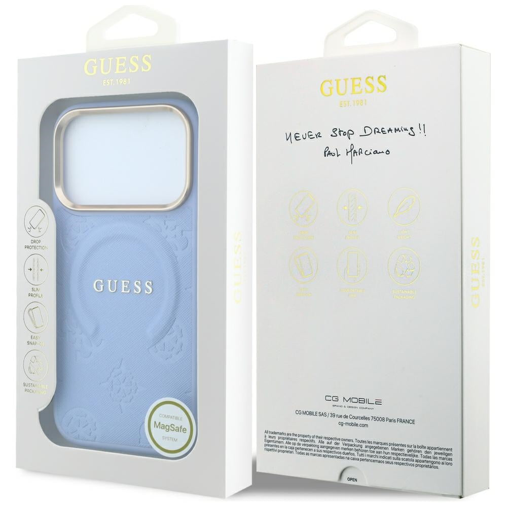 Guess iPhone 17 Pro/iPhone 18 Pro Cover Saffiano Peony Embossed MagSafe Blå