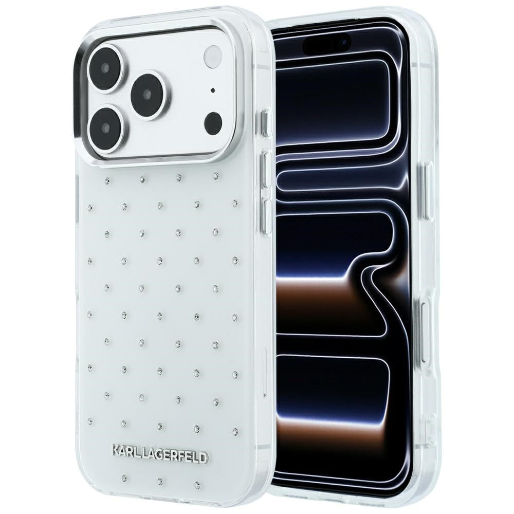 Karl Lagerfeld iPhone 17 Pro/iPhone 18 Pro Cover Rhinestones galvaniseret logo Hvid