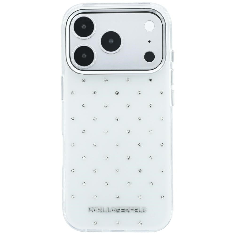 Karl Lagerfeld iPhone 17 Pro/iPhone 18 Pro Cover Rhinestones galvaniseret logo Hvid