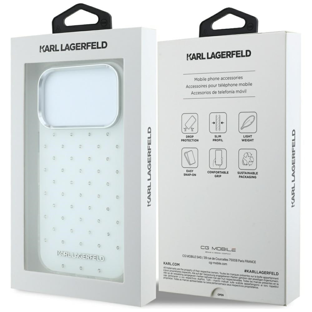 Karl Lagerfeld iPhone 17 Pro/iPhone 18 Pro Cover Rhinestones galvaniseret logo Hvid