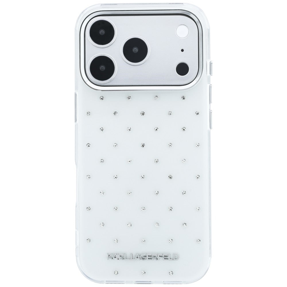 Karl Lagerfeld iPhone 17 Pro Max/iPhone 18 Pro Max Cover med rhinsten, elektropletteret logo, Hvid