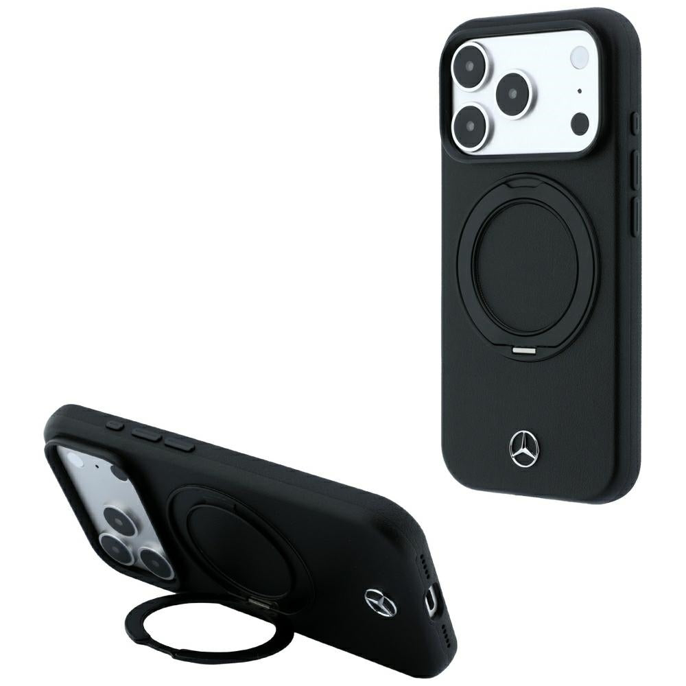 Mercedes Benz iPhone 17 Pro Max/iPhone 18 Pro Max Cover i læder med ringstativ, Sort