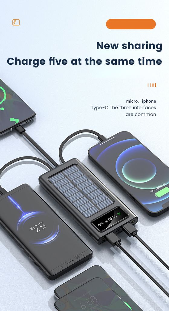 SiGN Powerbank med solceller & indbyggede kabler 20 000 mAh