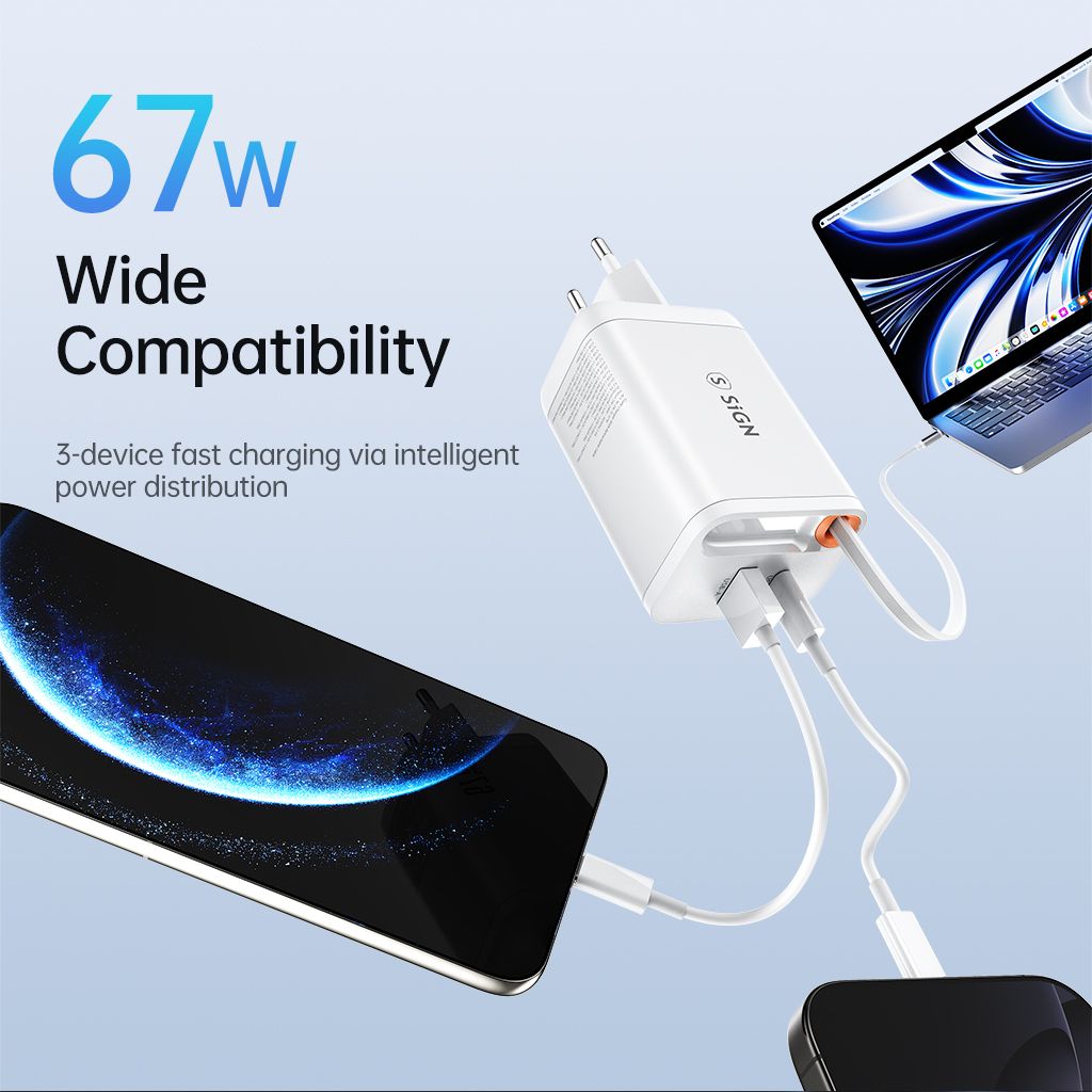 SiGN 65W Hurtiglader GaN med udtrækbar USB-C kabel Hvid