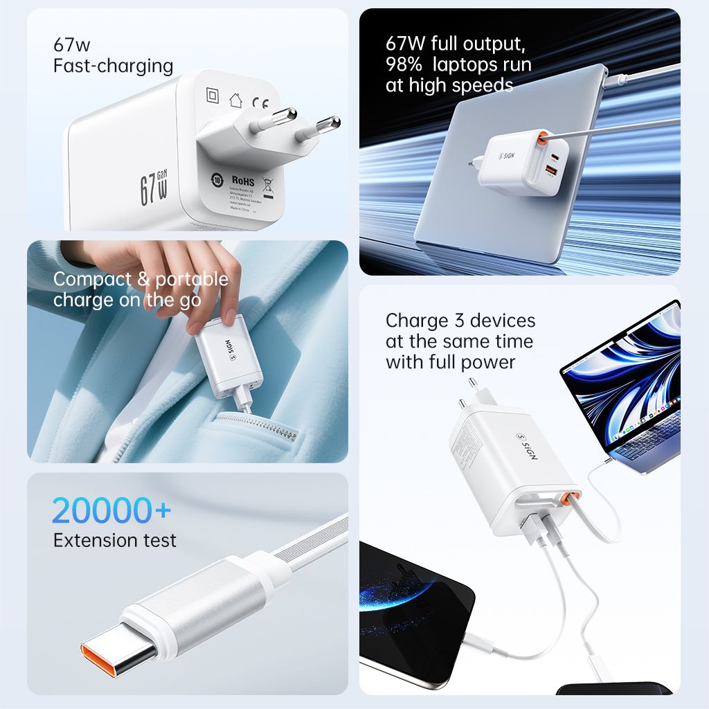 SiGN 65W Hurtiglader GaN med udtrækbar USB-C kabel Hvid