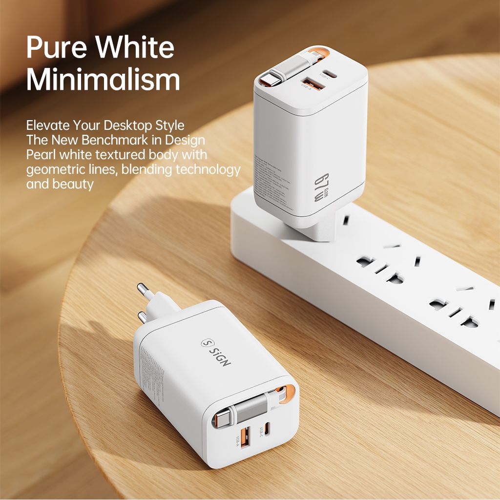 SiGN 65W Hurtiglader GaN med udtrækbar USB-C kabel Hvid