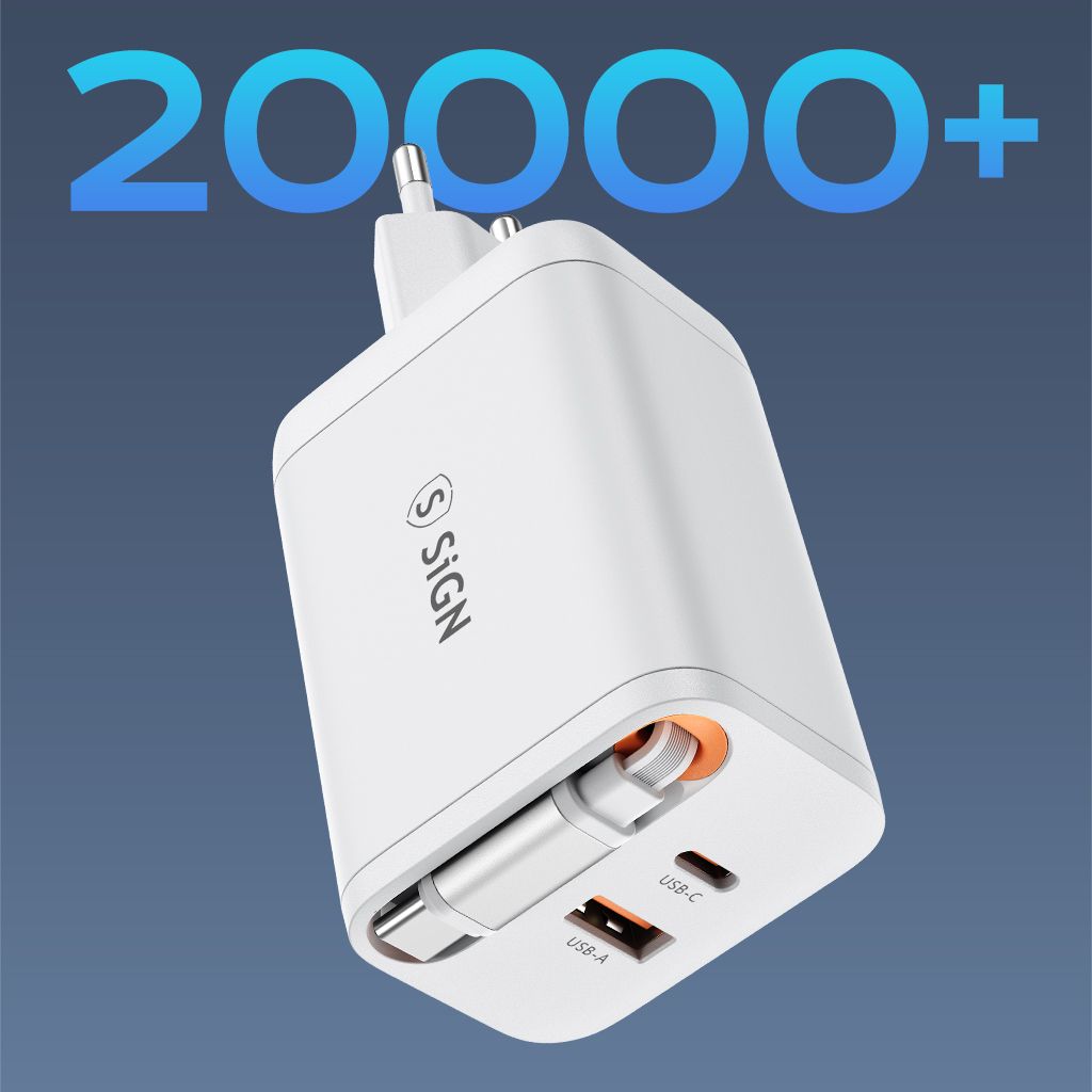 SiGN 65W Hurtiglader GaN med udtrækbar USB-C kabel Hvid