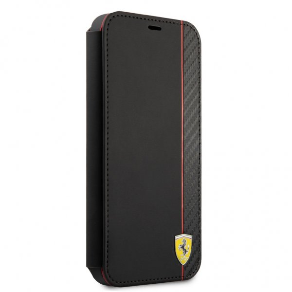 Ferrari iPhone 13 Mini Cover Carbon Effect Metal Logo Vertical Stripe Sort