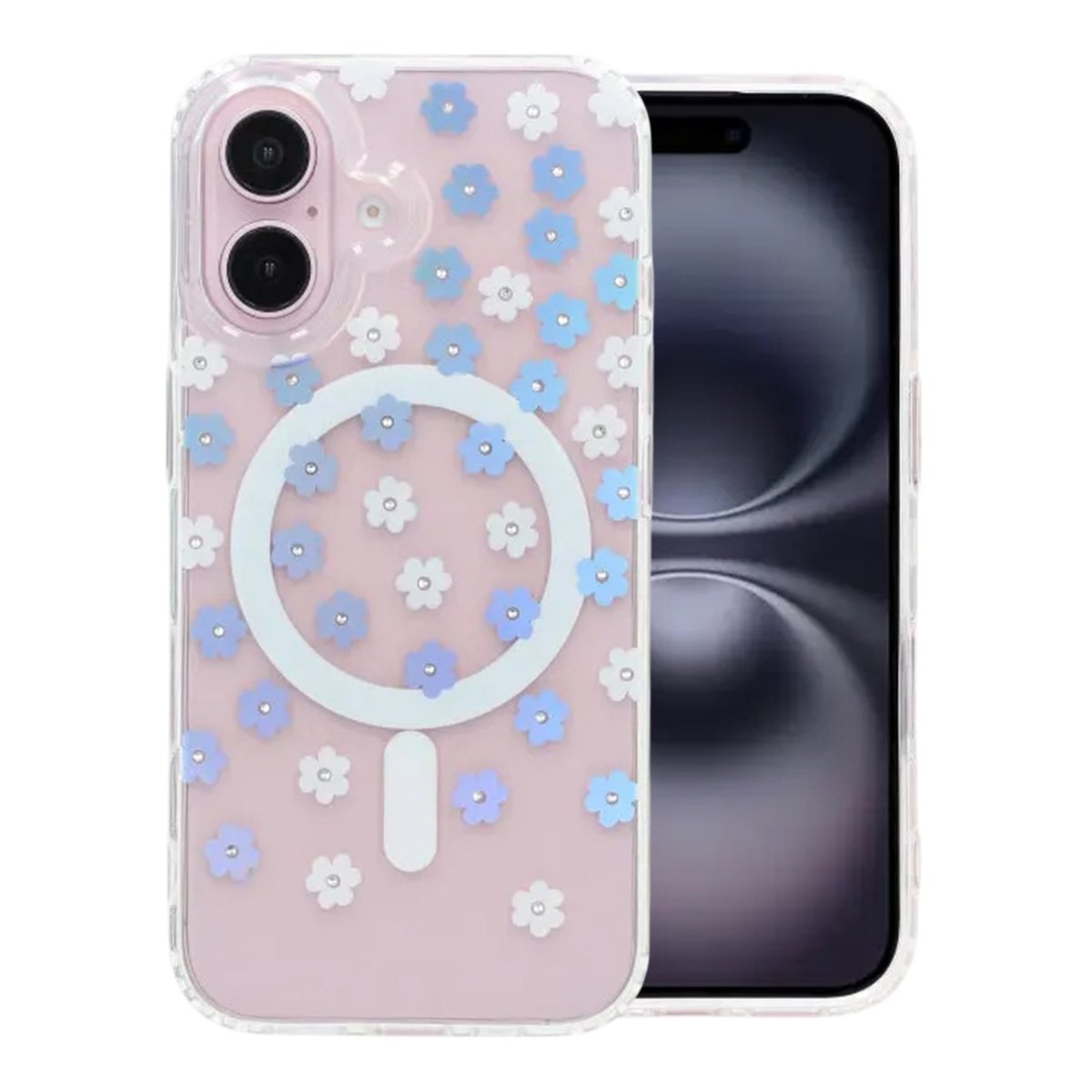 iPhone 16 Cover med blomstret strass MagSafe Blå