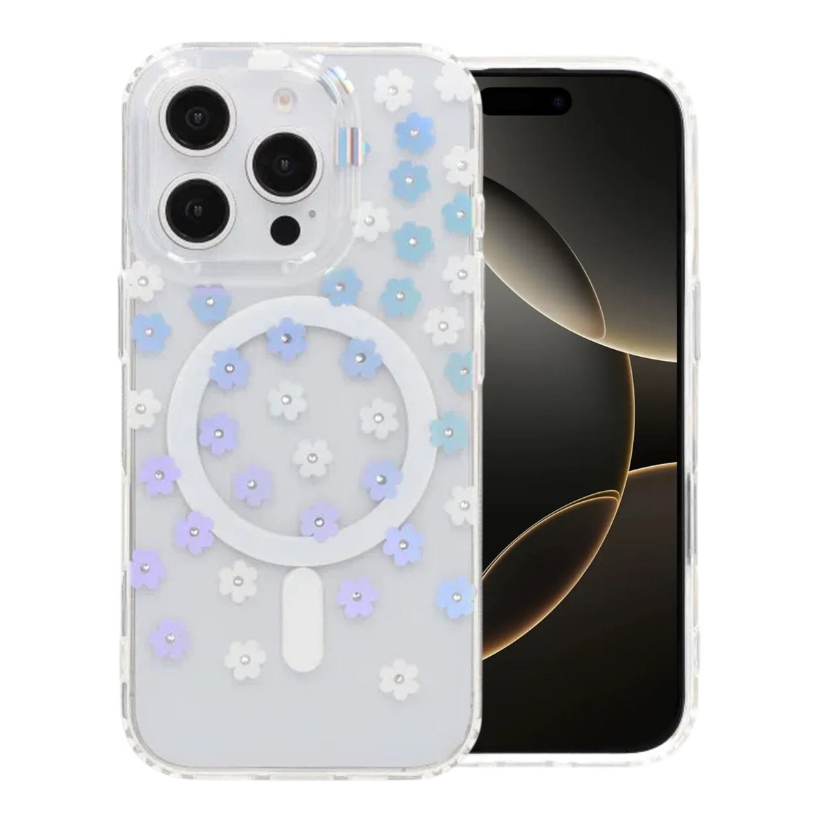 iPhone 16 Pro Cover med blomstret strass MagSafe Blå
