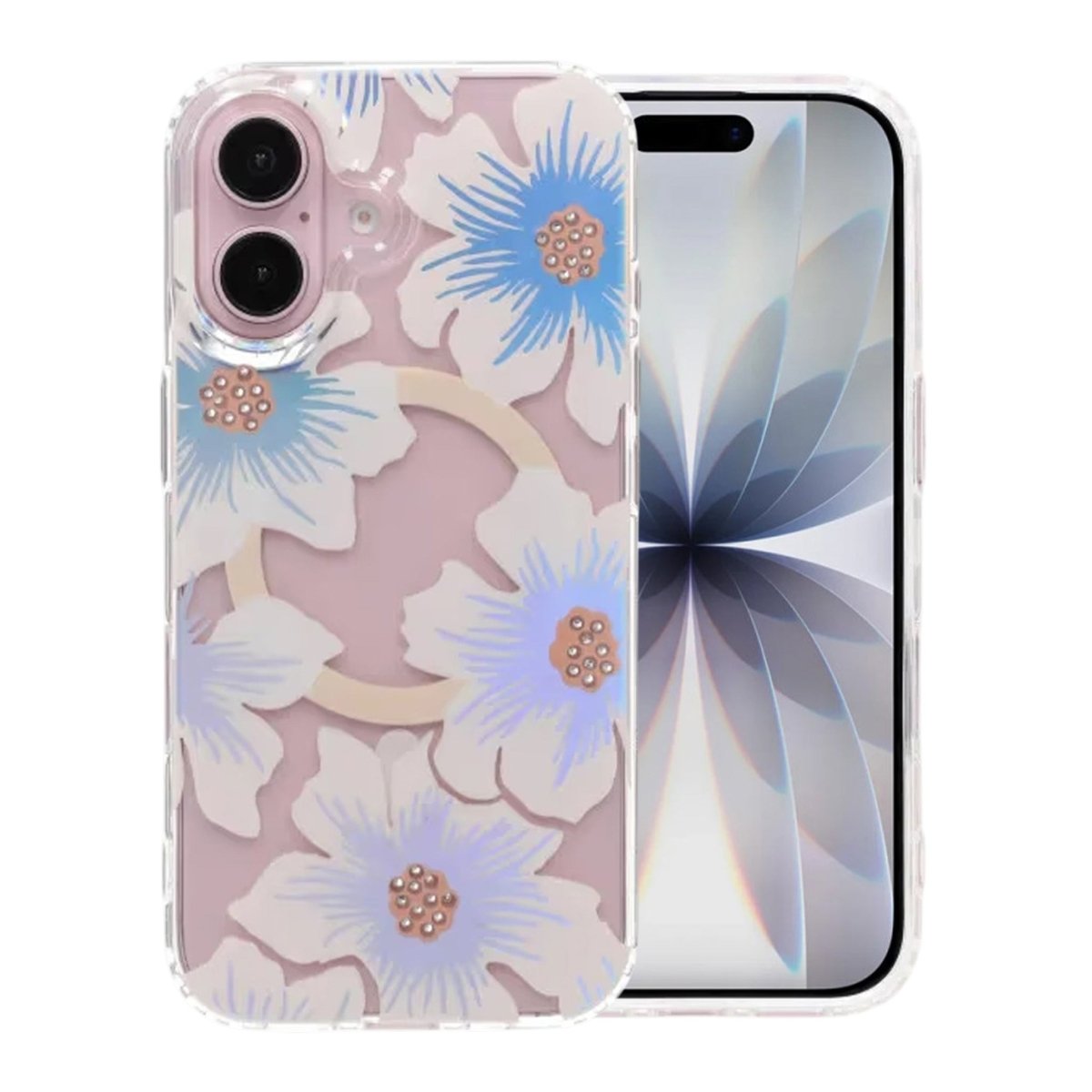 iPhone 17 Cover med blomstret strass MagSafe Blå Lilla