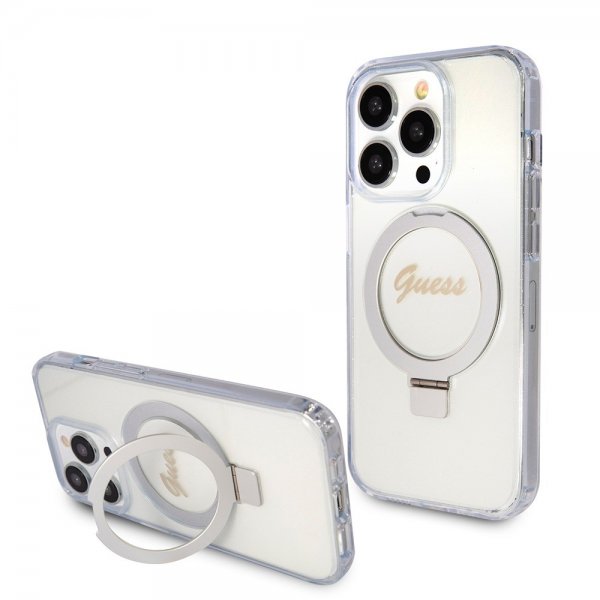Guess iPhone 15 Pro Max Cover Ring Stand Glitter MagSafe Transparent