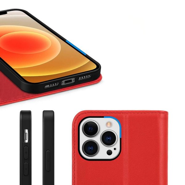 Rvelon iPhone 12/iPhone 12 Pro Etui Ægte læder Kortrum Rød