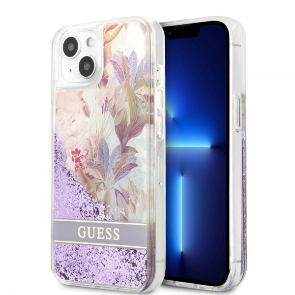 Guess iPhone 13 Mini Cover Liquid Glitter Flower Pattern Lilla