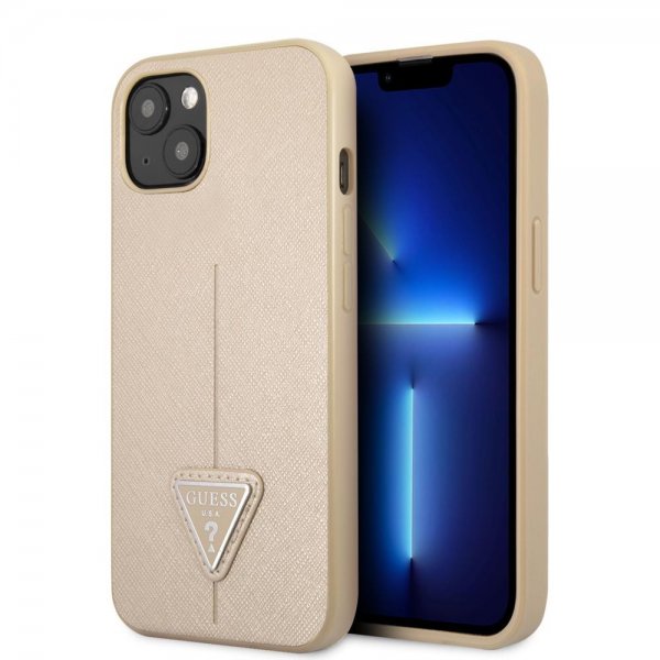 Guess iPhone 13 Mini Cover Saffiano Metal Triangle Beige
