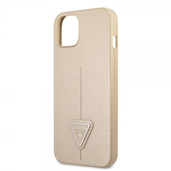 Guess iPhone 13 Mini Cover Saffiano Metal Triangle Beige