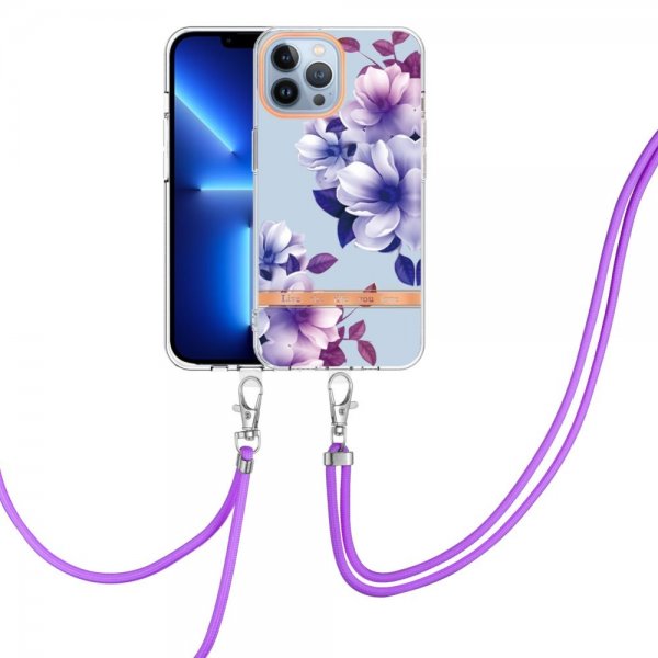 iPhone 13 Pro Max Cover Blomstermønster Rem Lilla Begonia