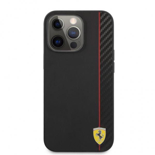 Ferrari iPhone 13 Pro Max Cover Carbon Effect Metal Logo Vertical Stripe Sort