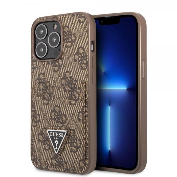 Guess iPhone 13 Pro Max Cover Double Cardslot Metal Triangle Brun