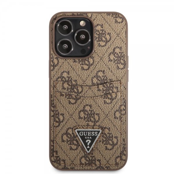 Guess iPhone 13 Pro Max Cover Double Cardslot Metal Triangle Brun